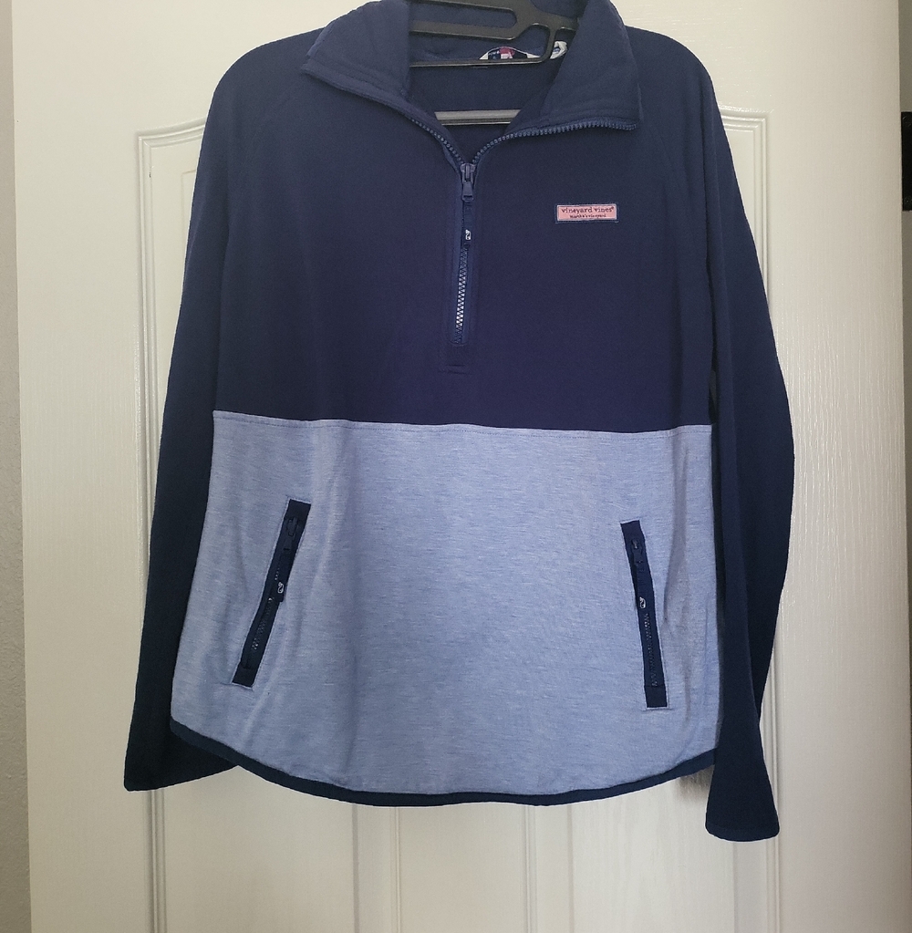 Vineyard Vines Women's Navy and Light Blue Colorblock Half-Zip Sweater